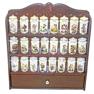Complete vintage MJ Hummel porcelain spice jar set with a wooden rack (24 jars)